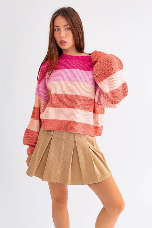 Women's Sweaters - Long Sleeve Round Neck Striped Sweater - Fuchsia-multi Stripe - Cultured Cloths Apparel