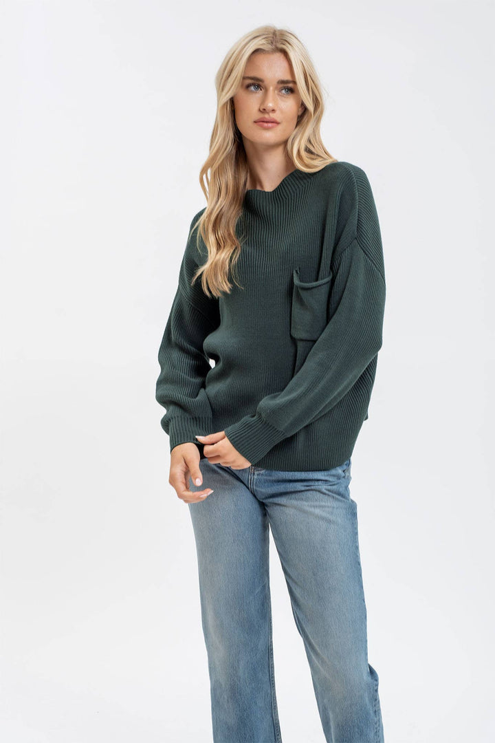 Women's Sweaters - FUNNEL NECK LONG SLEEVE RIBBED PULLOVER SWEATER -  - Cultured Cloths Apparel