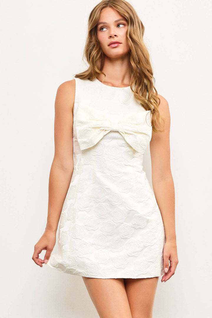 Women's Dresses - FRONT BOW DETAILED JACQUARD FLORAL SLEEVELESS DRESS - - Cultured Cloths Apparel