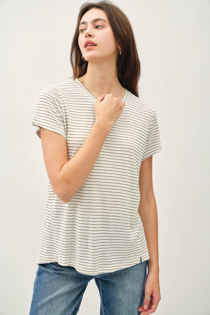 Women's Short Sleeve - SHORT SLEEVE ROUND NECK STRIPED RELAXED TEE - - Cultured Cloths Apparel