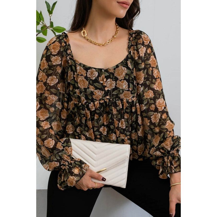 Women's Long Sleeve - Floral Babydoll Blouse -  - Cultured Cloths Apparel