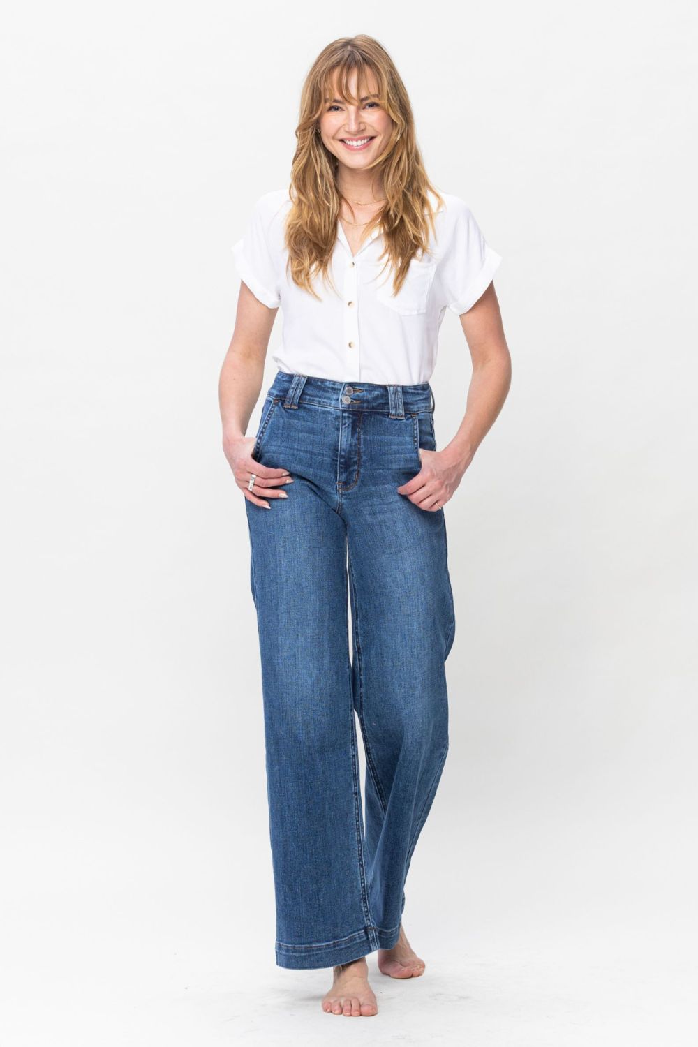 Denim - Judy Blue Full Size Double Button Wide Leg Jeans -  - Cultured Cloths Apparel