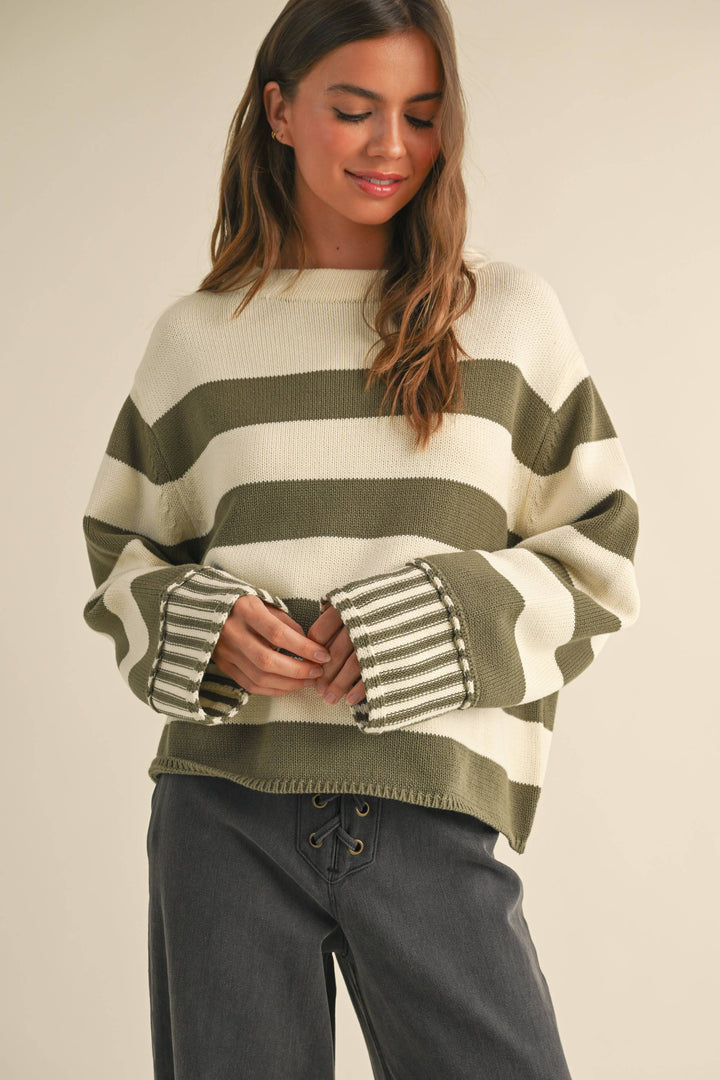 Women's Sweaters - OLIVE/WHITE STRIPED SWEATER TOP - - Cultured Cloths Apparel