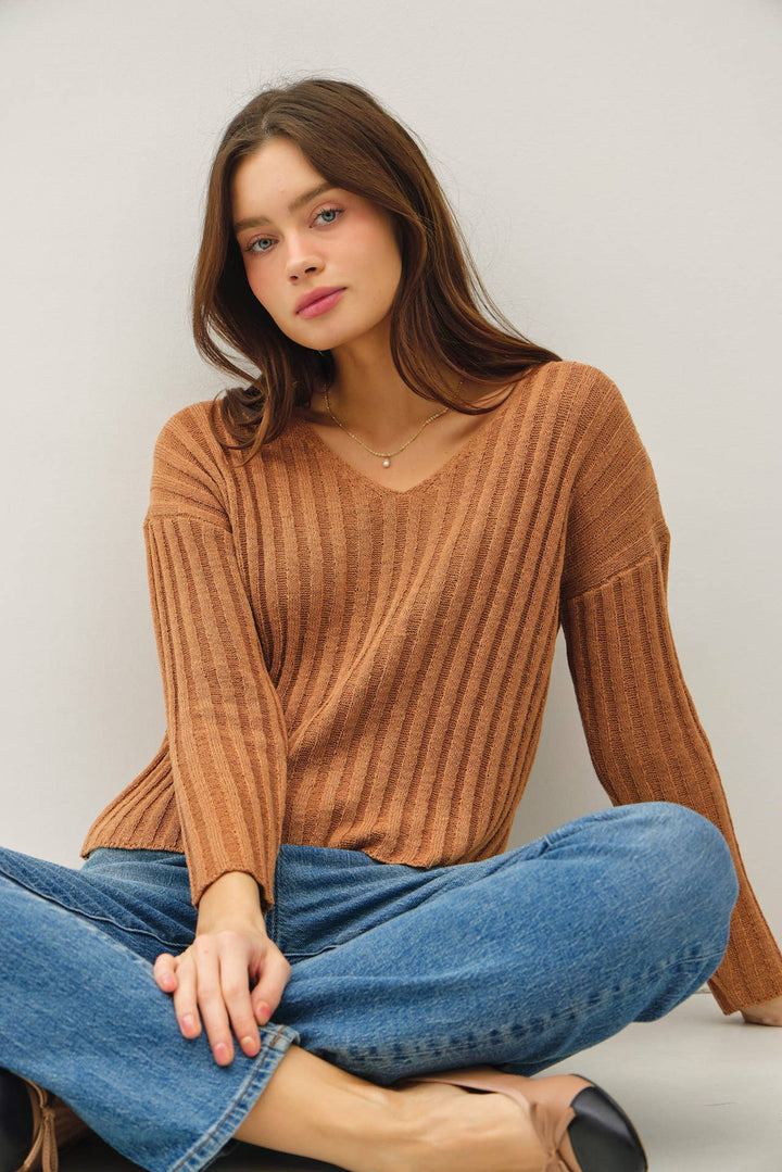 Women's Sweaters - RAISED RIB V-NECK SWEATER - - Cultured Cloths Apparel