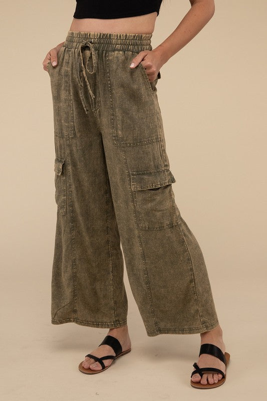 Denim - Washed Linen Elastic Band Waist Cargo Pants - LT OLIVE - Cultured Cloths Apparel