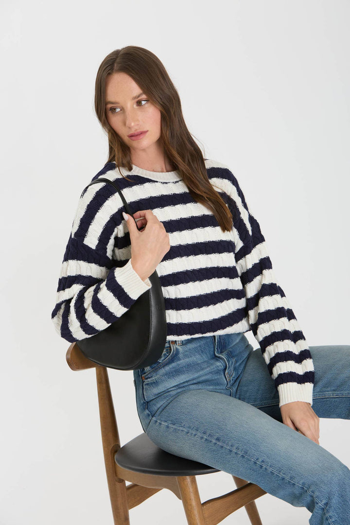 Women's Sweaters - STRIPE CREWNECK CABLE KNIT KNIT SWEATER -  - Cultured Cloths Apparel