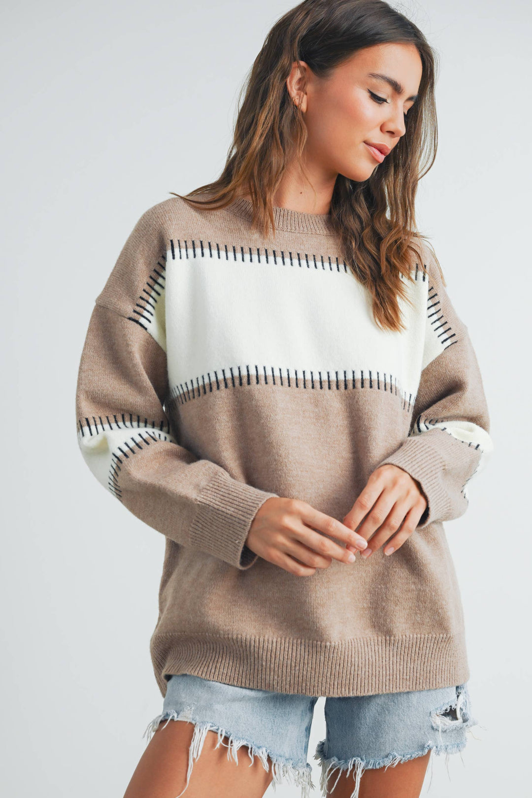 Women's Sweaters - COLOR BLOCK STRIPED CREW NECK SWEATER - - Cultured Cloths Apparel