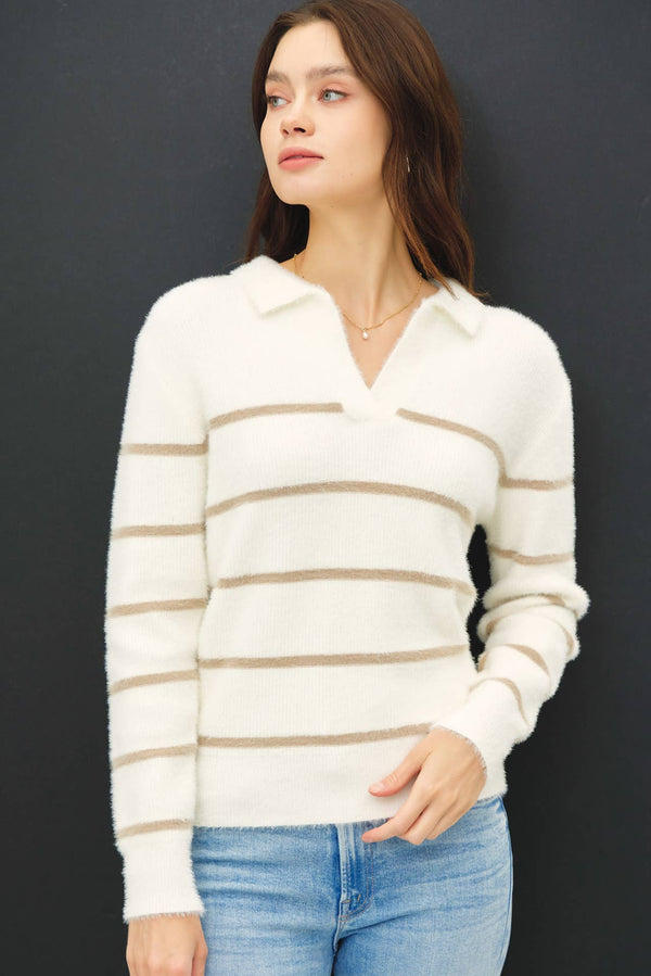 Women's Sweaters - COLLARED FUZZY STRIPED V NECK SWEATER -  - Cultured Cloths Apparel