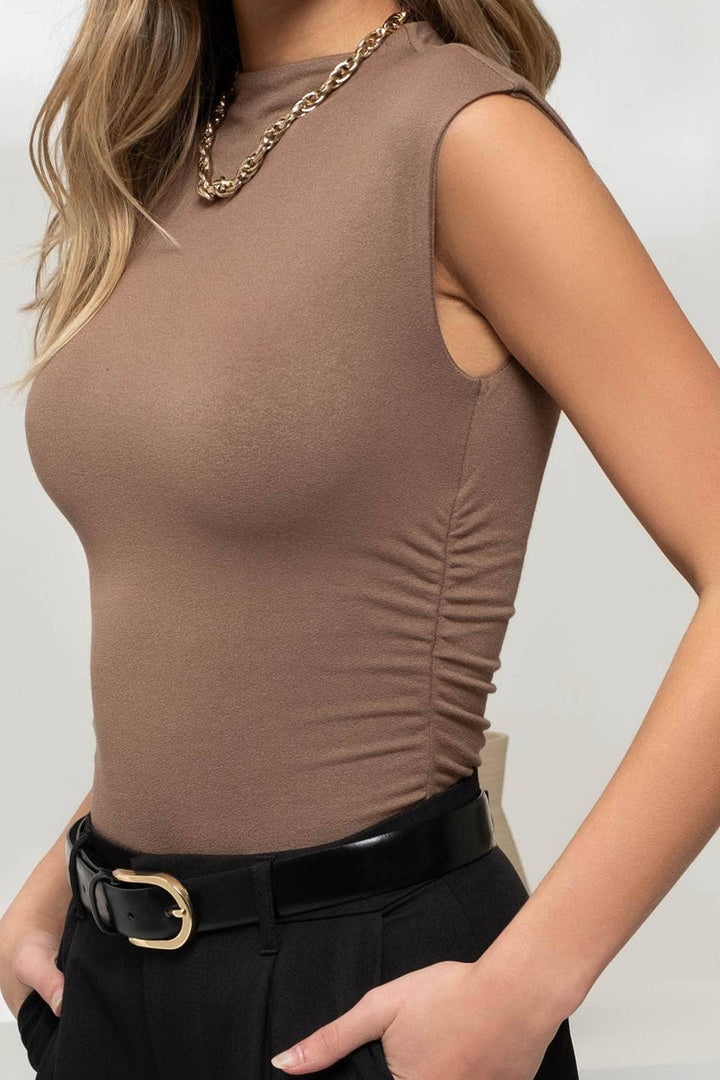 Women's Sleeveless - REVERSIBLE MOCK NECK SLEEVELESS KNIT BODYSUIT - MOCHA - Cultured Cloths Apparel