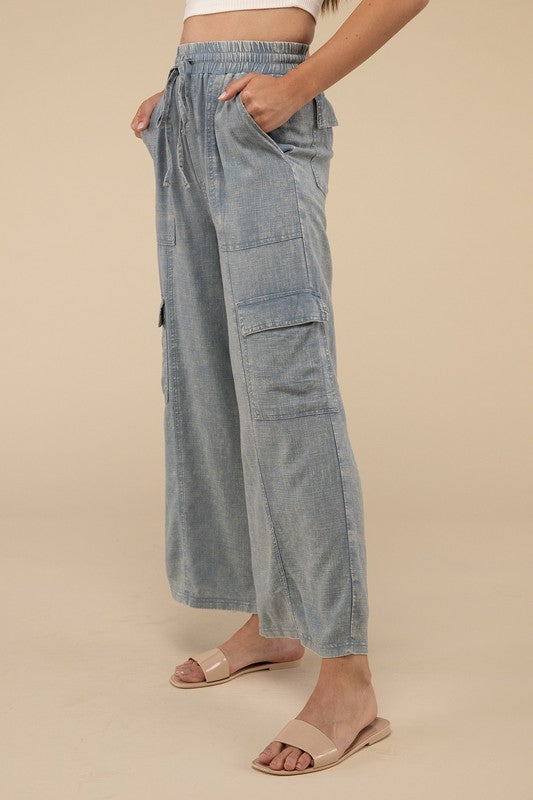 Denim - Washed Linen Elastic Band Waist Cargo Pants - BLUE GREY - Cultured Cloths Apparel