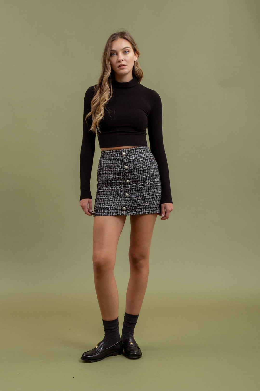 Women's Skirts - BUTTON DOWN TWEED MINI SKIRT - - Cultured Cloths Apparel