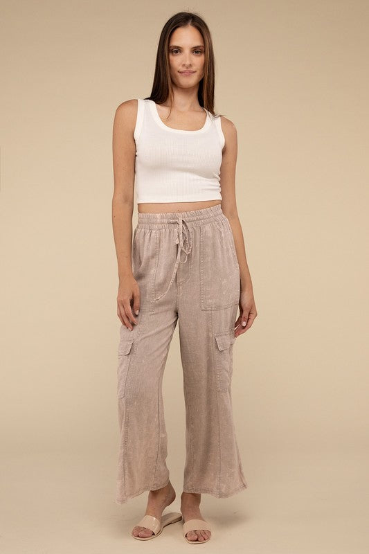 Denim - Washed Linen Elastic Band Waist Cargo Pants -  - Cultured Cloths Apparel