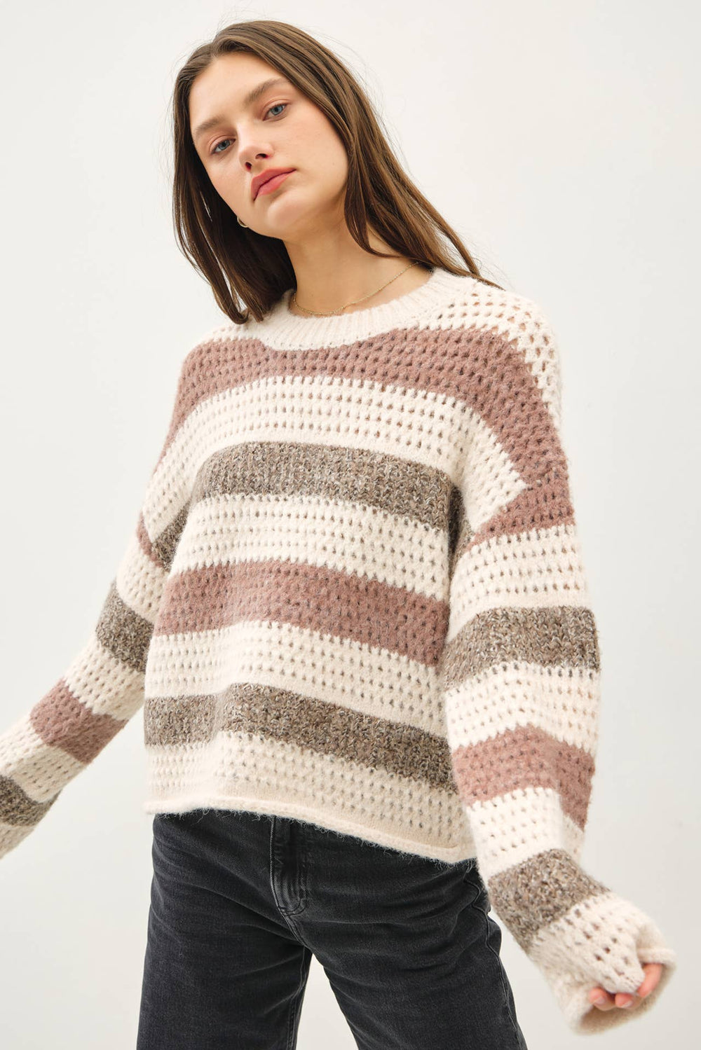 Women's Sweaters - CHUNKY CROCHET KNIT STRIPED SWEATER - Natural - Cultured Cloths Apparel