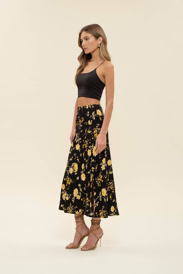 Women's Skirts - FLORAL HIGH WAIST SIDE SLIT BIAS MIDI SKIRT -  - Cultured Cloths Apparel