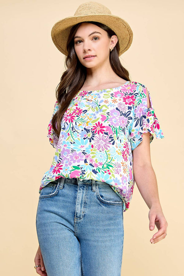 Women's Short Sleeve - Floral Printed Top with Tied Sleeve Detail -  - Cultured Cloths Apparel