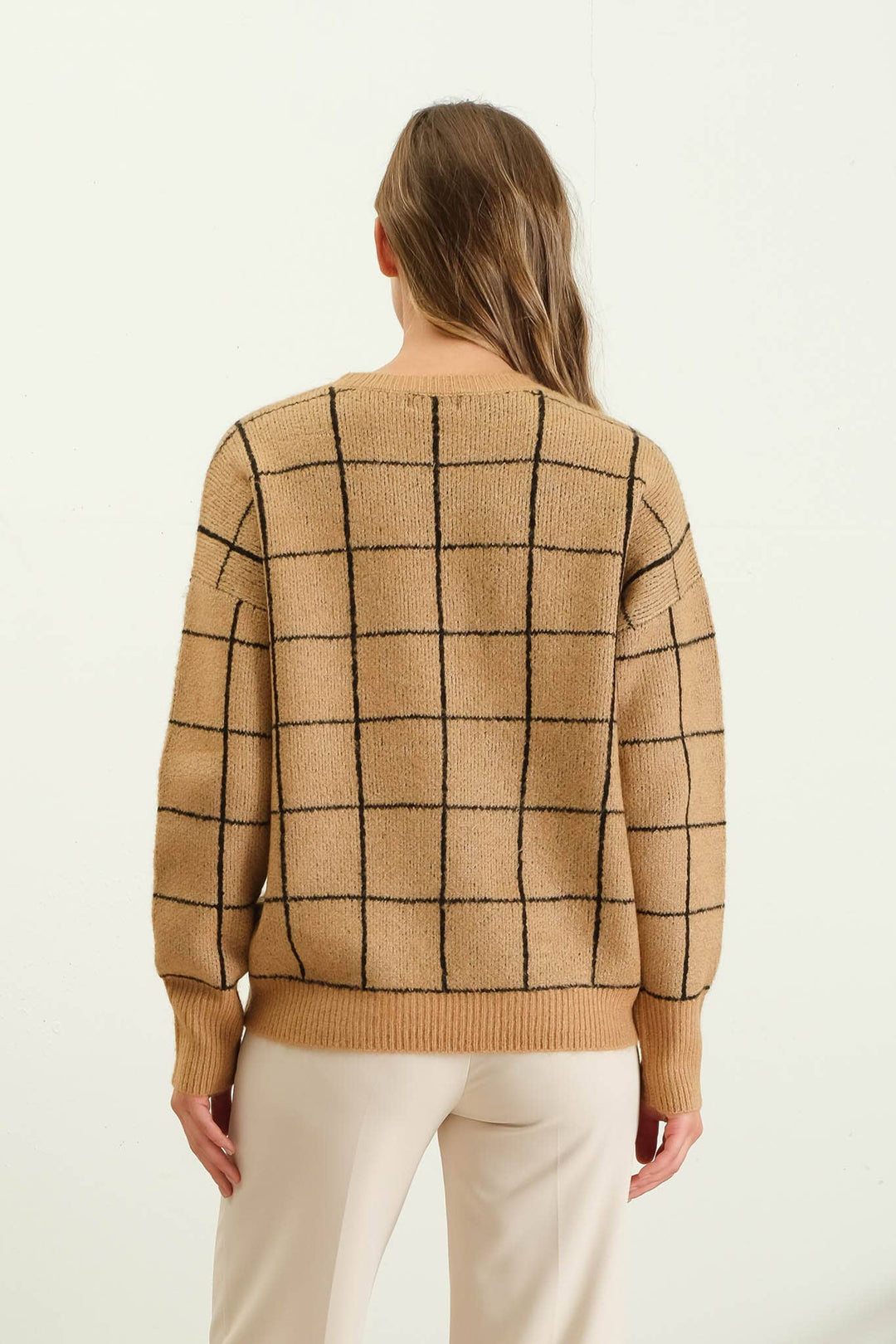 Women's Sweaters - GRID PRINT CREW NECK KNIT PULLOVER SWEATER - KHAKI - Cultured Cloths Apparel