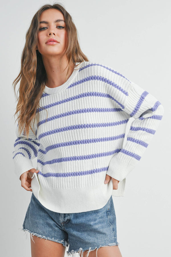 Women's Sweaters - BOAT NECK STRIPED KNIT SWEATER - IVORY / LAVENDER - Cultured Cloths Apparel