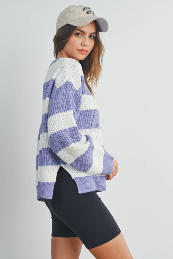 Women's Sweaters - STRIPED ROUND NECK LONG SLEEVE SWEATER -  - Cultured Cloths Apparel