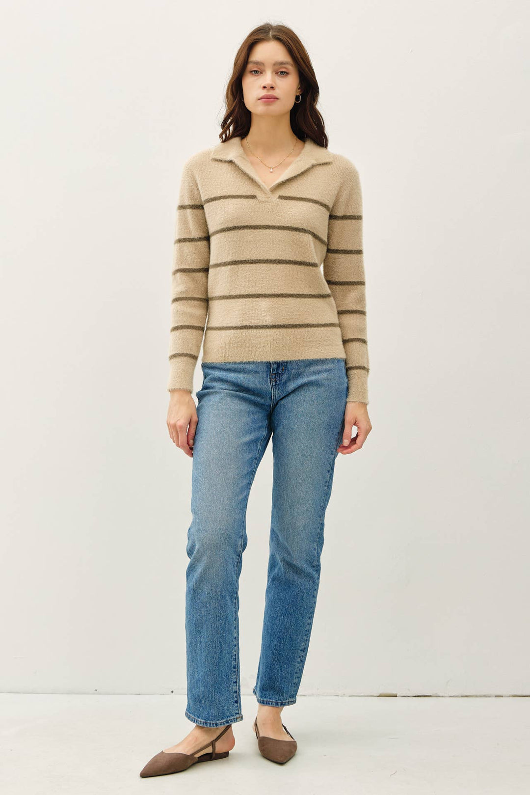 Women's Sweaters - COLLARED FUZZY STRIPED V NECK SWEATER -  - Cultured Cloths Apparel