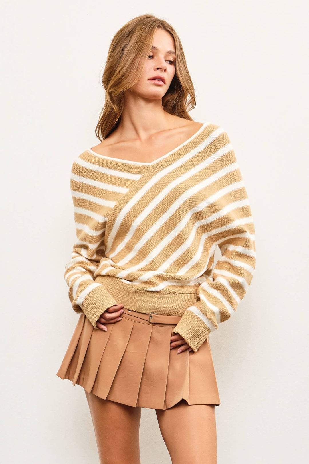 Women's Sweaters - CROSS STRIPE V NECK SWEATER TOP - - Cultured Cloths Apparel