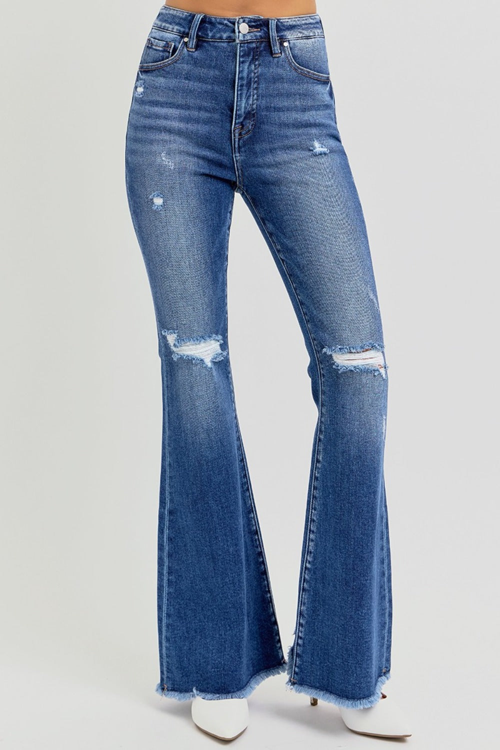 Denim - RISEN Full Size High Rise Distressed Raw Hem Flare Jeans -  - Cultured Cloths Apparel