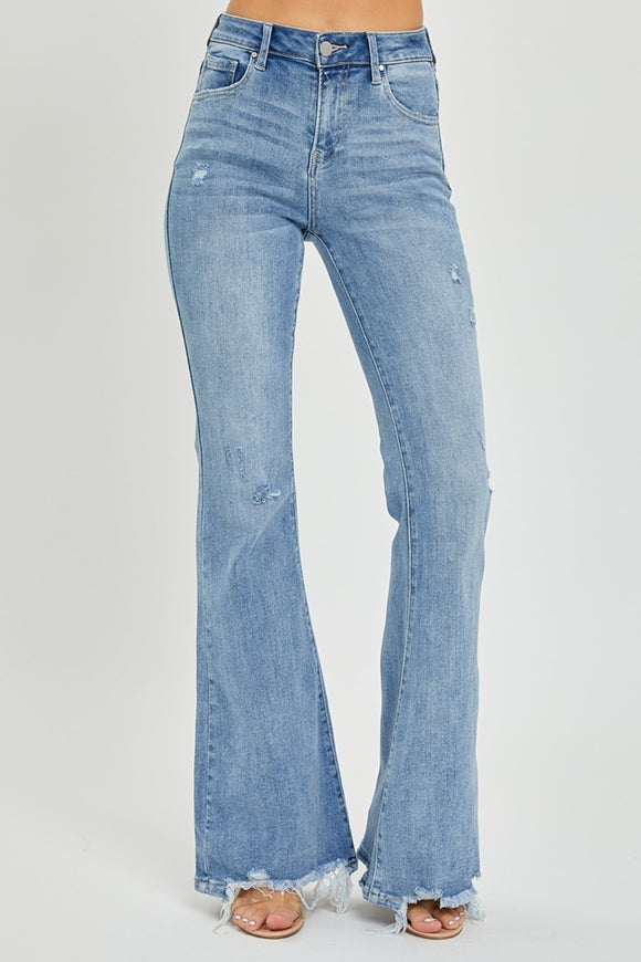 Denim - Risen Full Size High Rise Frayed Hem Flare Jeans - Light - Cultured Cloths Apparel