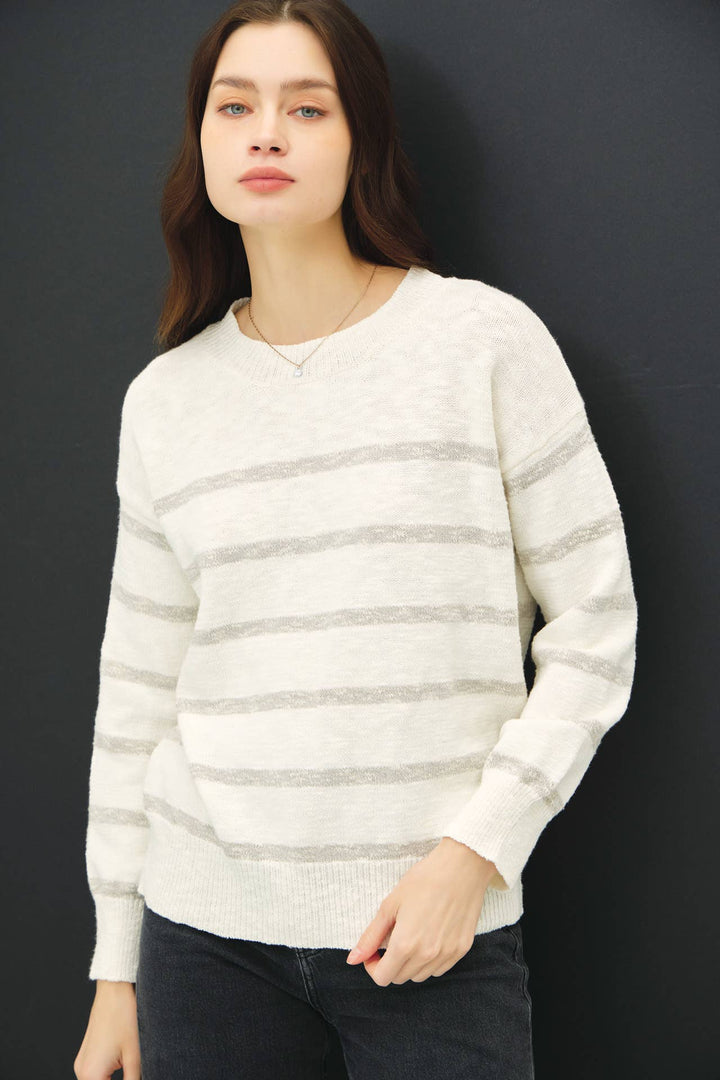 Women's Sweaters - HEATHER STRIPED LONG SLEEVE SWEATER - - Cultured Cloths Apparel