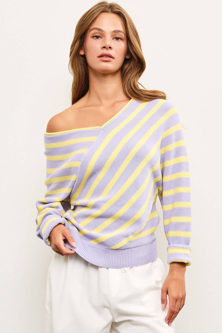 Women's Sweaters - CROSS STRIPE V NECK SWEATER TOP - - Cultured Cloths Apparel