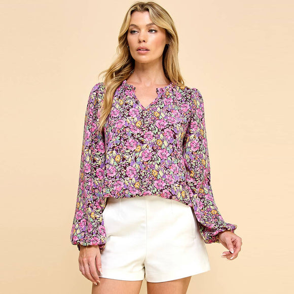 Women's Long Sleeve - Floral Printed Top with V Neck Detail -  - Cultured Cloths Apparel