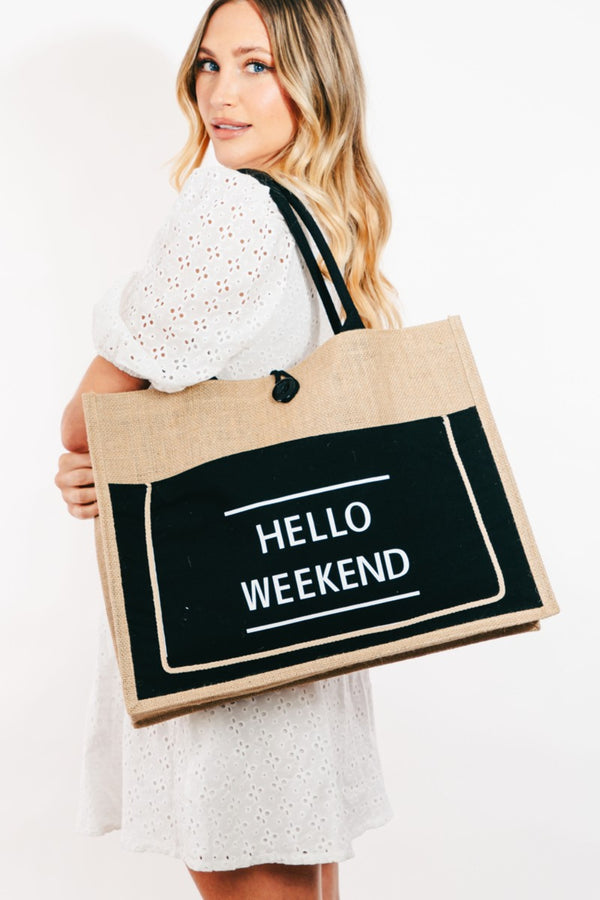 Handbags - Fame Hello Weekend Burlap Tote Bag -  - Cultured Cloths Apparel