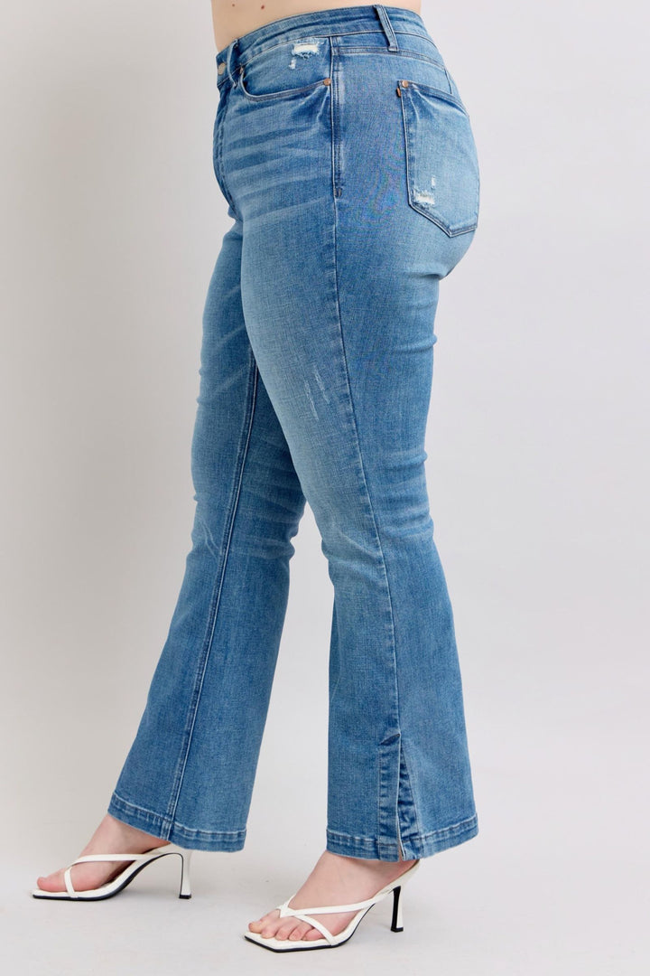 Denim - Judy Blue HW Tummy Control Vintage Wash Side Slit Slim Boot Jeans - - Cultured Cloths Apparel