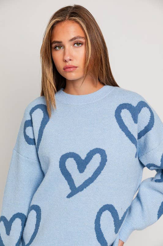 Women's Sweaters - Long Sleeve Round Neck Heart Printed Sweater -  - Cultured Cloths Apparel