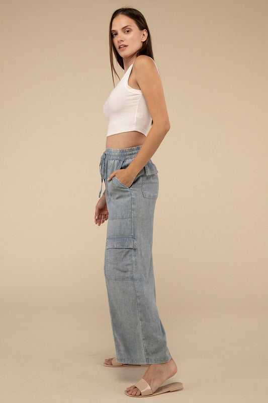 Denim - Washed Linen Elastic Band Waist Cargo Pants -  - Cultured Cloths Apparel