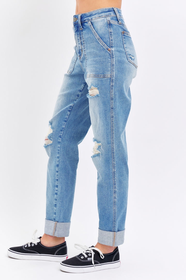 Denim - Judy Blue Full Size Distressed Straight Jeans with Patch Pockets -  - Cultured Cloths Apparel