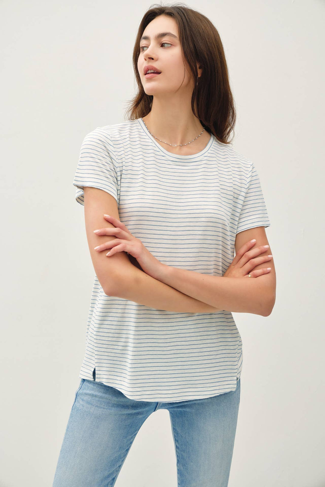 Women's Short Sleeve - SHORT SLEEVE ROUND NECK STRIPED RELAXED TEE - Retro Blue - Cultured Cloths Apparel