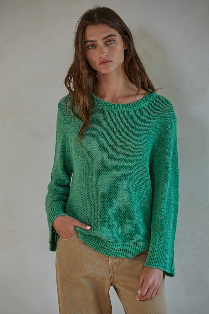 Women's Sweaters - Knit Cotton Crew Neck Long Sleeve Sweater Top - Green - Cultured Cloths Apparel