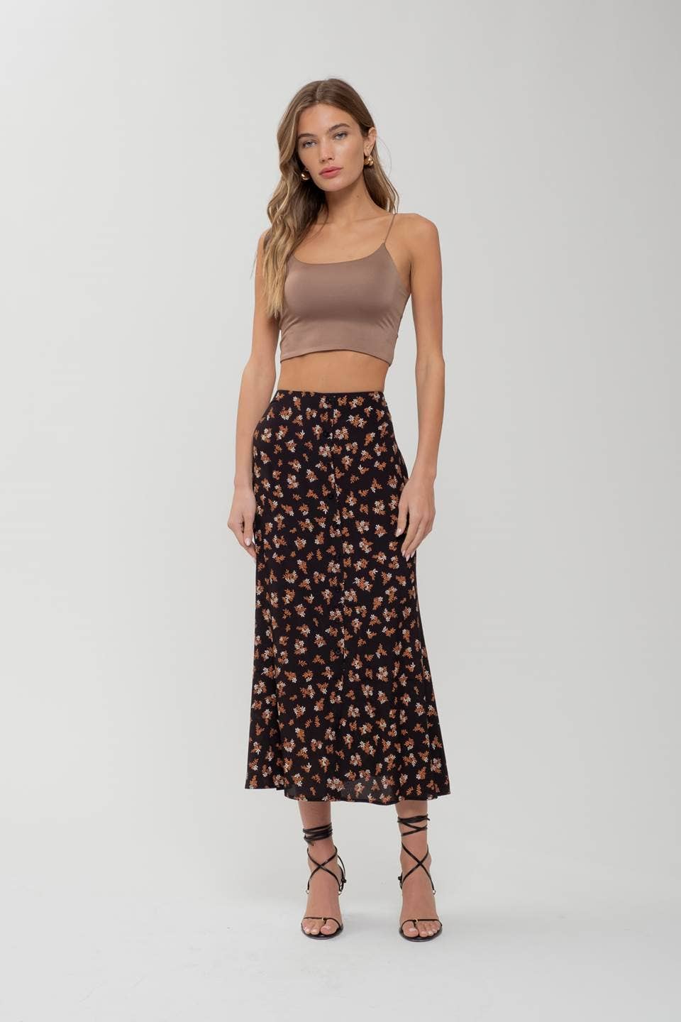 Women's Skirts - FLORAL BUTTON FRONT SPLIT HEM MIDI SKIRT - BLACK - Cultured Cloths Apparel