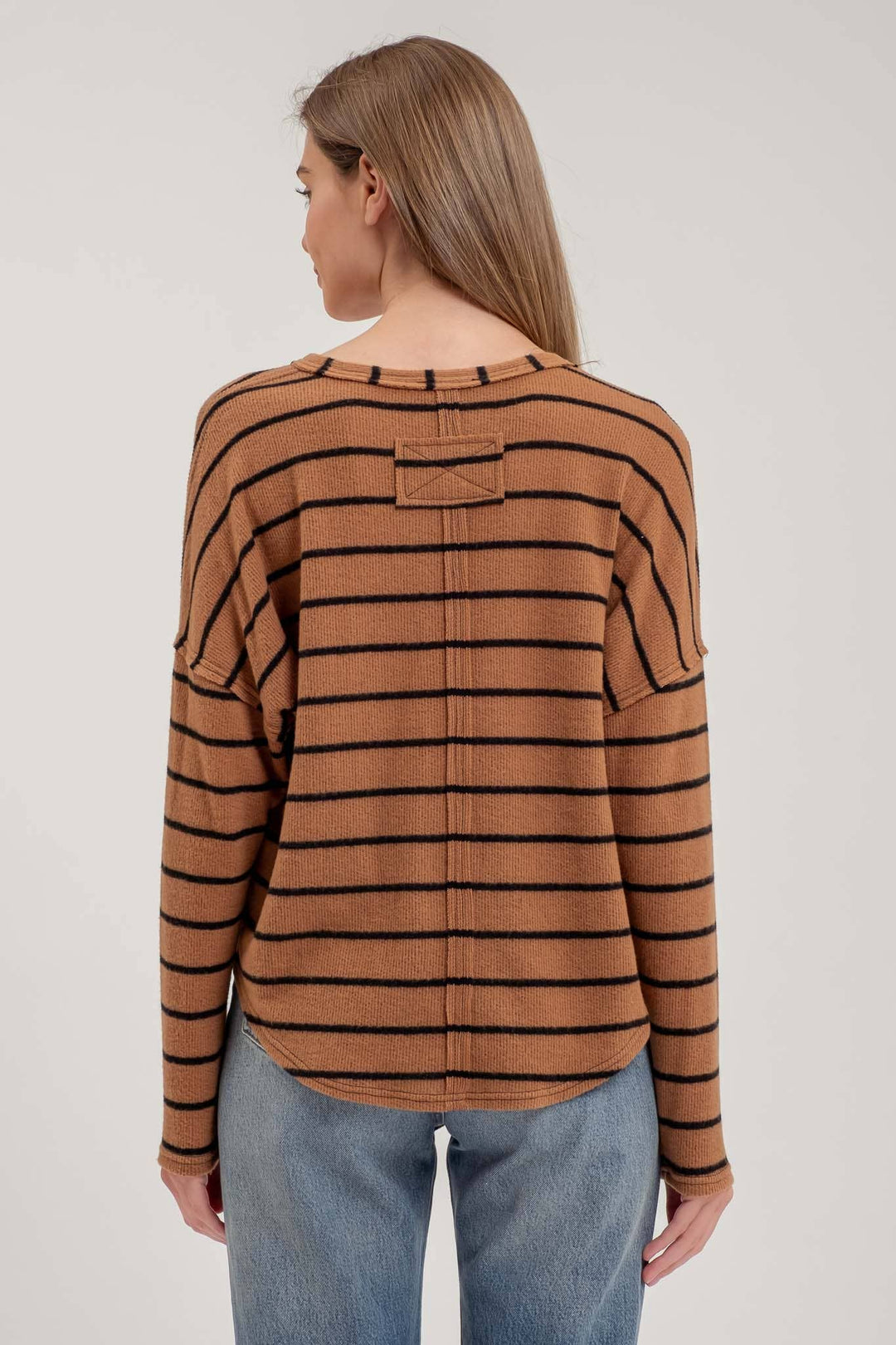 Women's Sweaters - STRIPE EXPOSED SEAM SPLIT NECK KNIT TOP: BROWN -  - Cultured Cloths Apparel