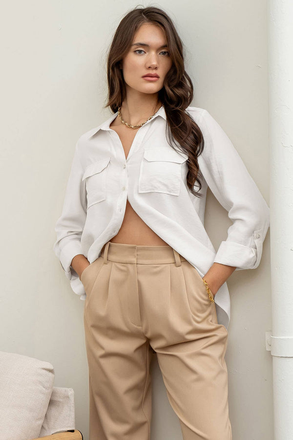 Women's Long Sleeve - BUTTON DOWN SHIRT WITH POCKET - WHITE - Cultured Cloths Apparel