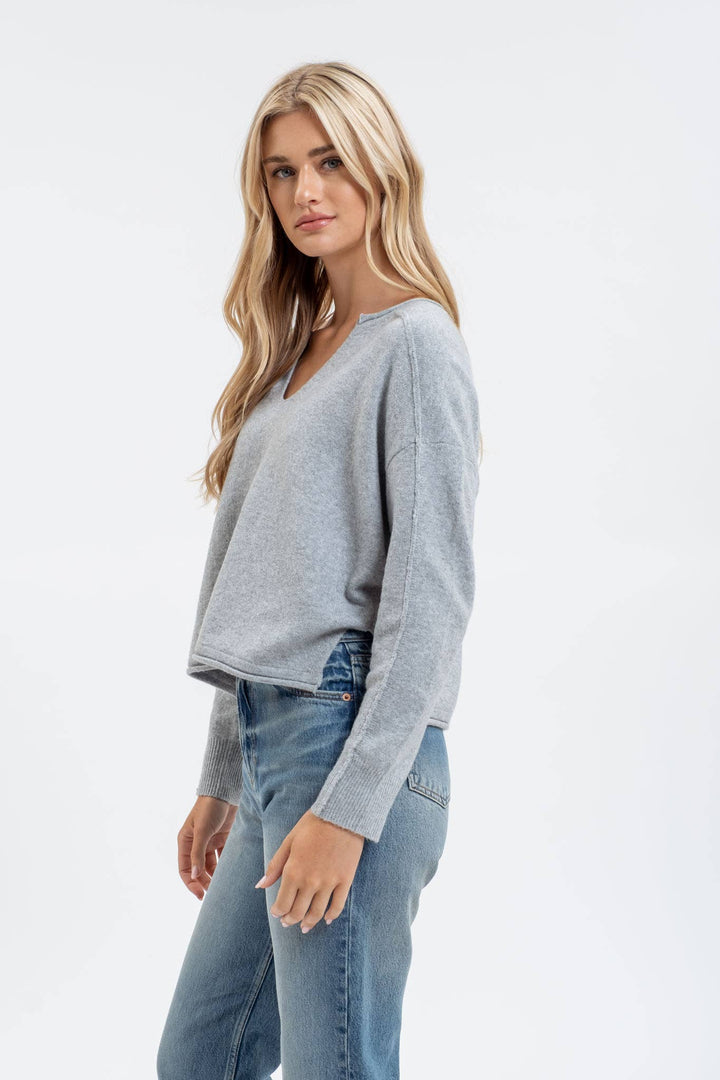 Women's Long Sleeve - EXPOSED SEAM SPLIT NECK KNIT SWEATER -  - Cultured Cloths Apparel