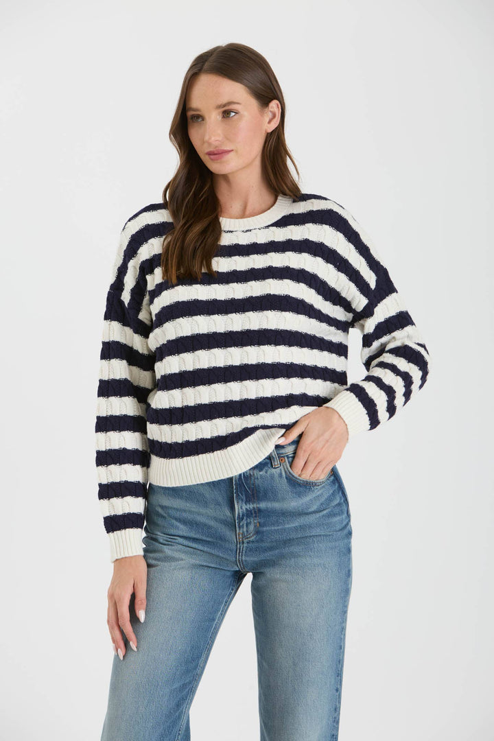 Women's Sweaters - STRIPE CREWNECK CABLE KNIT KNIT SWEATER -  - Cultured Cloths Apparel