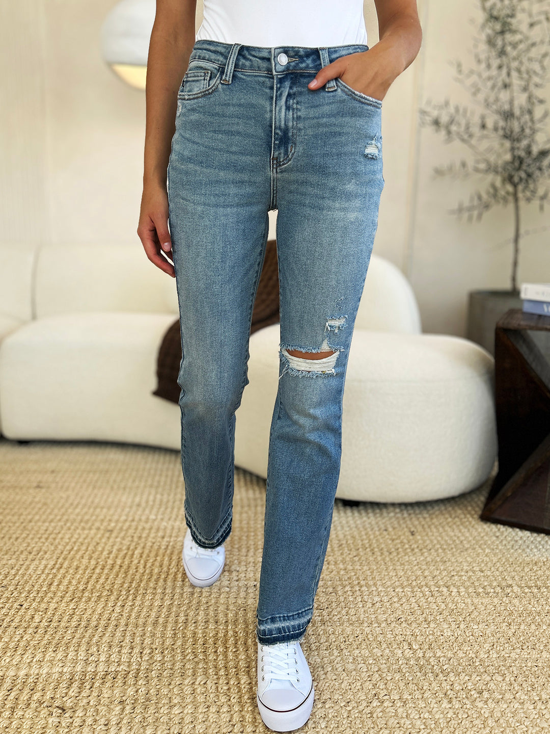 Denim - Judy Blue Full Size Mid Rise Destroyed Hem Distressed Jeans -  - Cultured Cloths Apparel