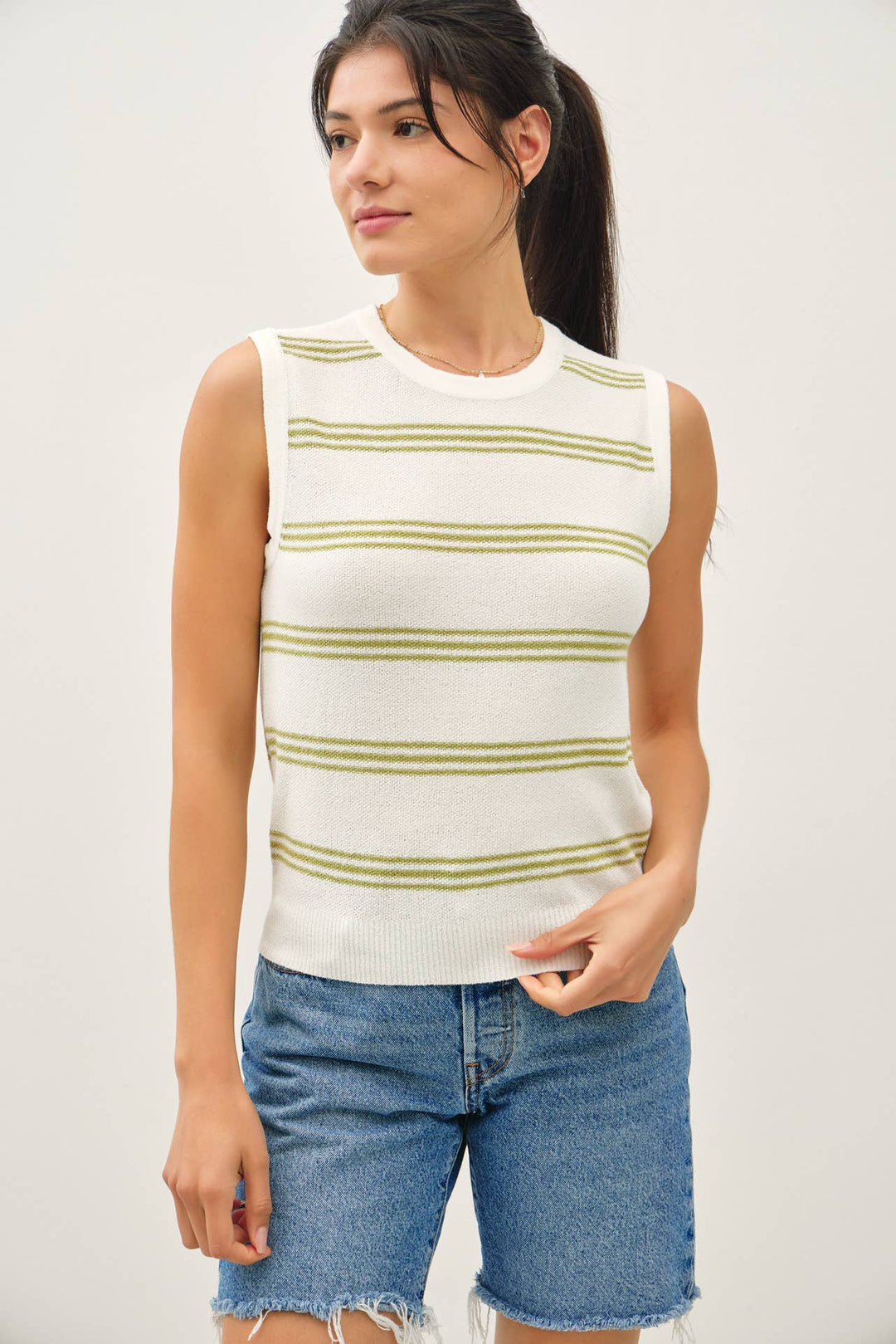 Women's Sleeveless - TRIPLE STRIPE SWEATER TANK - Lime - Cultured Cloths Apparel