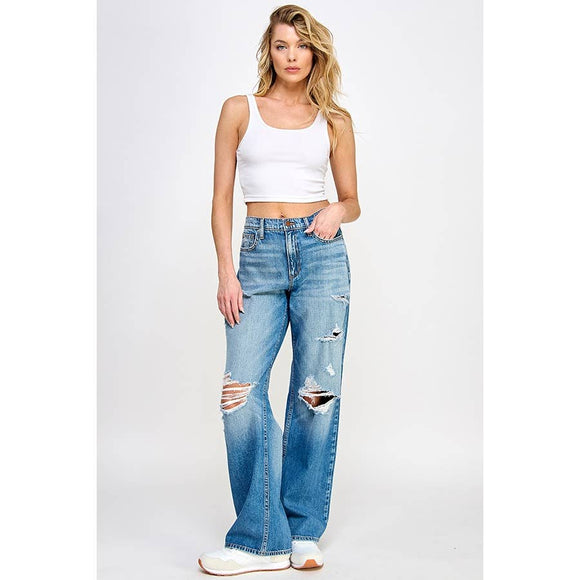 Denim - MID RISE WIDE STRAIGHT WITH DISTRESSING IN MEDIUM -  - Cultured Cloths Apparel