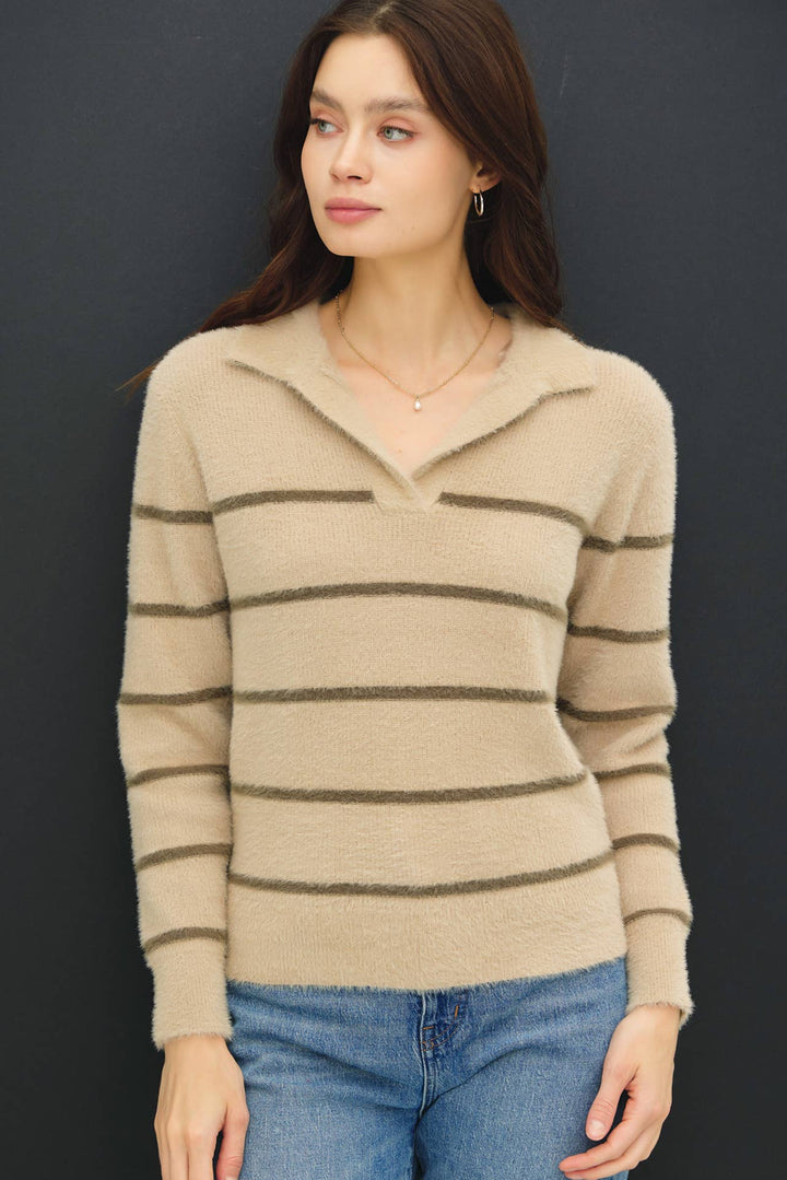 Women's Sweaters - COLLARED FUZZY STRIPED V NECK SWEATER -  - Cultured Cloths Apparel