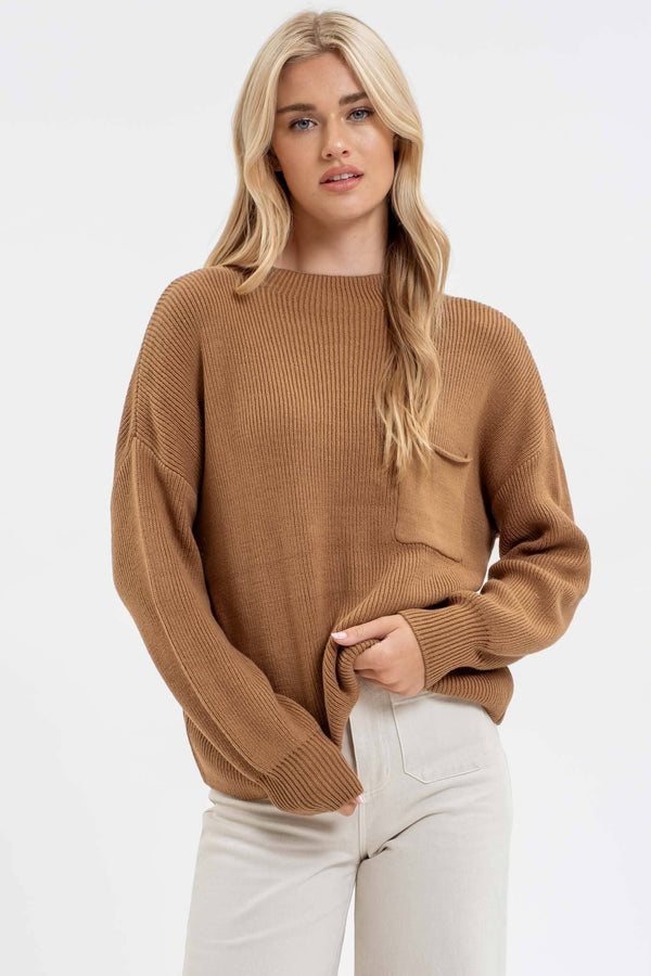 Women's Sweaters - FUNNEL NECK LONG SLEEVE RIBBED PULLOVER SWEATER - BROWN - Cultured Cloths Apparel