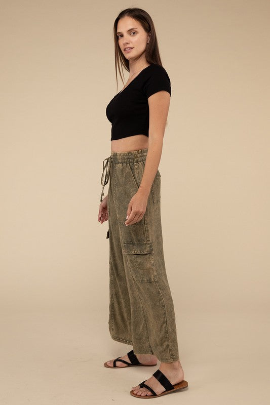 Denim - Washed Linen Elastic Band Waist Cargo Pants -  - Cultured Cloths Apparel