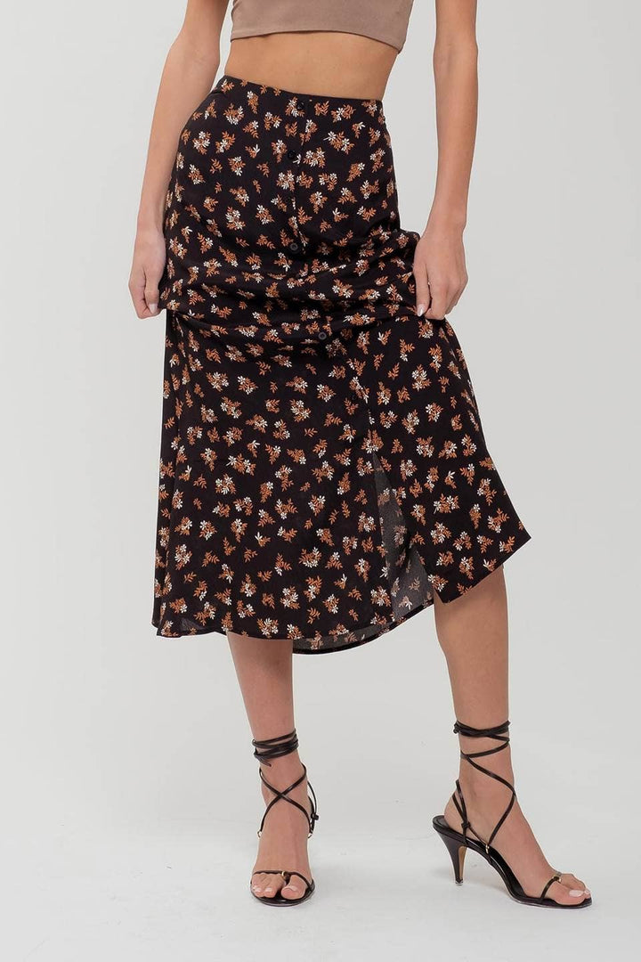 Women's Skirts - FLORAL BUTTON FRONT SPLIT HEM MIDI SKIRT -  - Cultured Cloths Apparel