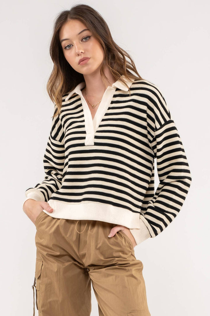 Women's Sweaters - STRIPED COLLARED LONG SLEEVE POLO KNIT TOP -  - Cultured Cloths Apparel