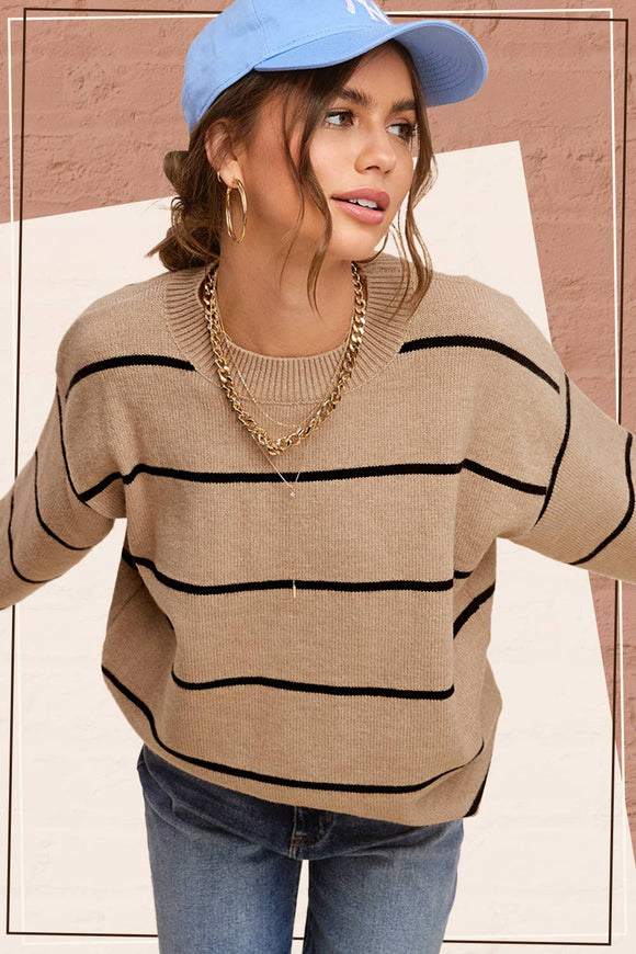 Women's Sweaters - Loose Fit Stripe Long Sleeve Crewneck Sweater -  - Cultured Cloths Apparel